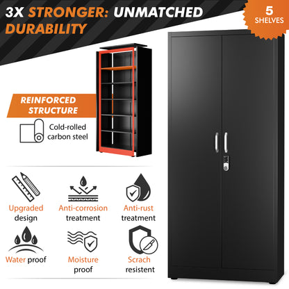 Digital Locking Metal Storage Cabinet | Garage Storage Cabinet with Doors | 71" Lockable Tool Cabinet (Black)
