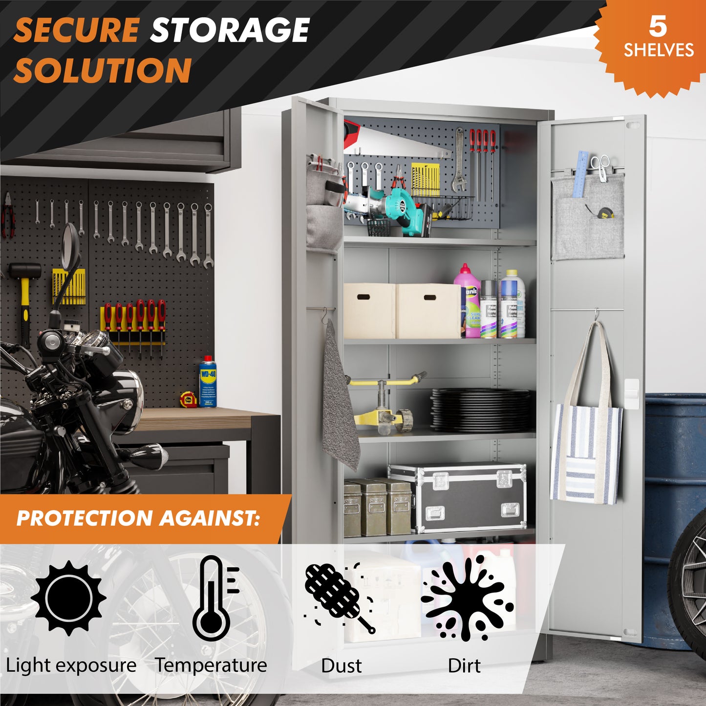 Digital Locking Metal Storage Cabinet | Garage Storage Cabinet with Doors | 71" Lockable Tool Cabinet (Light Gray)