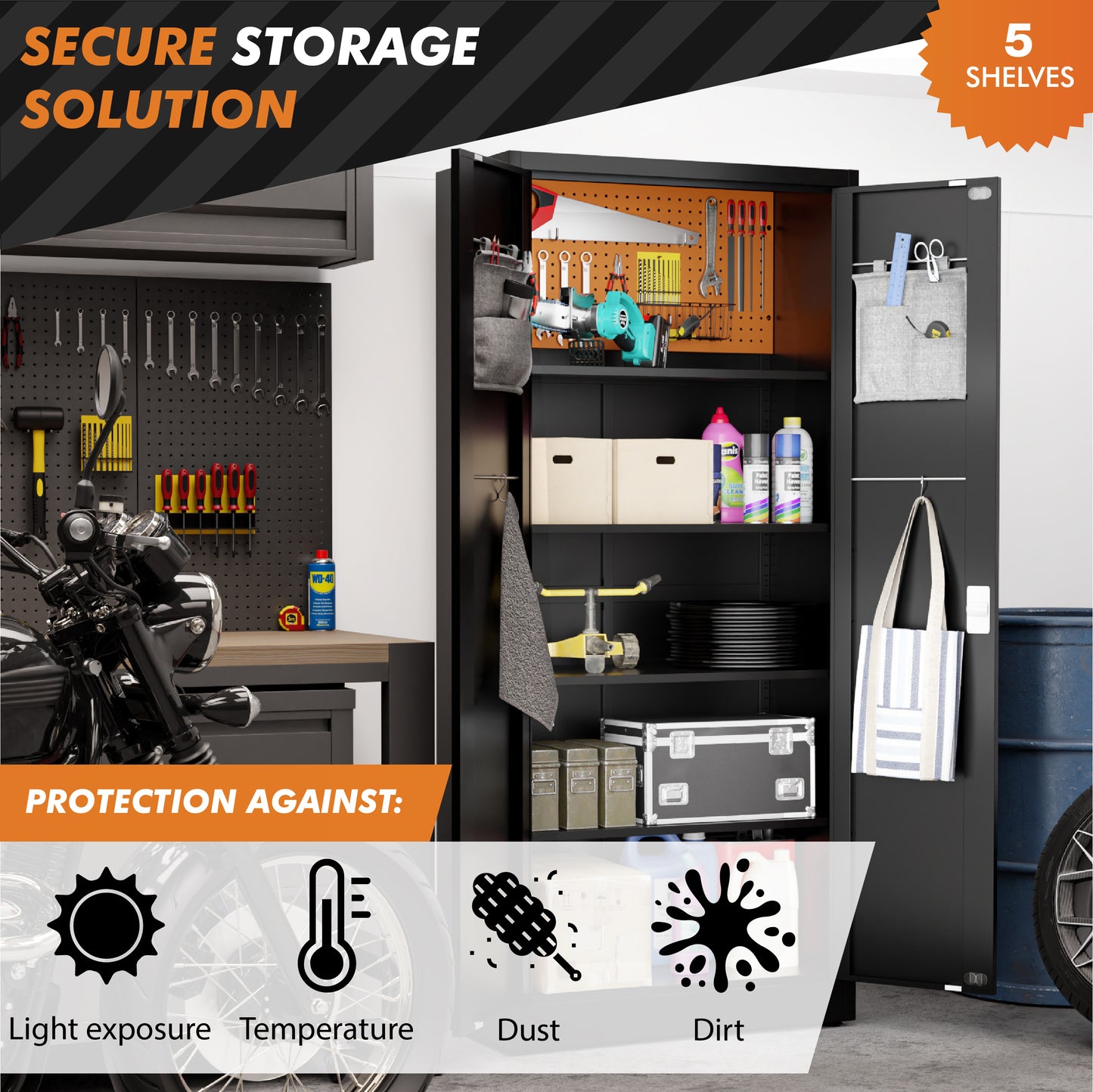 Gabinete de almacenamiento de metal con cerradura digital | Gabinete de almacenamiento para garaje con puertas | Gabinete de herramientas con cerradura de 71" (negro) 
