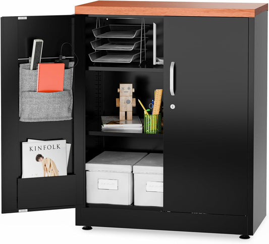 Small Metal Storage Cabinet, 40"H Locking Storage Cabinet with Doors (Black & Woodlike Top)