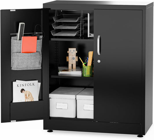 Small Metal Storage Cabinet, 40"H Locking Storage Cabinet with Doors (Black)