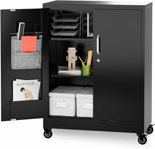 Gabinete de almacenamiento pequeño de metal con ruedas, gabinete de almacenamiento con cerradura rodante de 40 "de alto con ruedas (negro) 