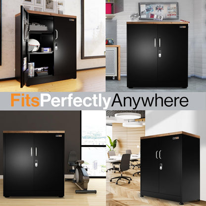 Small Metal Storage Cabinet with Digital Lock, 40"H Locking Storage Cabinet with Doors (Black & Woodlike Top)