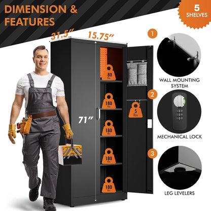 71" Combination Locking Metal Storage Cabinet (Black)
