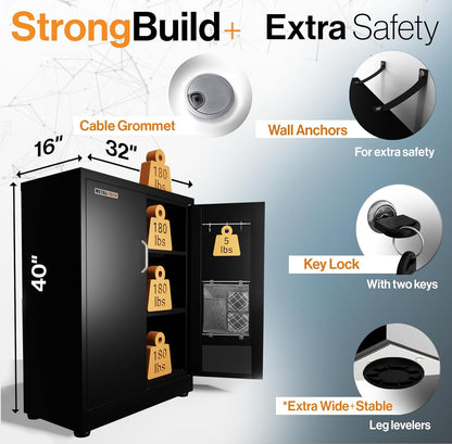 Small Metal Storage Cabinet, 40"H Locking Storage Cabinet with Doors (Black)