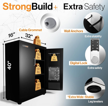 Small Metal Storage Cabinet with Digital Lock, 40"H Locking Storage Cabinet with Doors (Black)