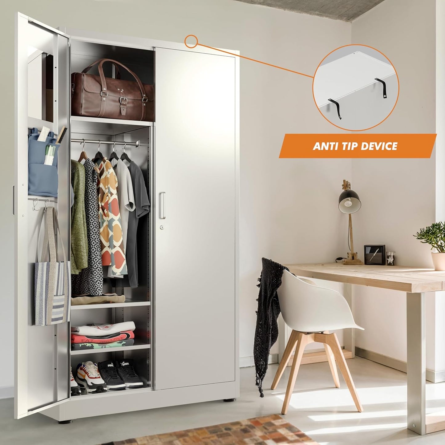Wardrobe Metal Storage Cabinet - Metal Storage Locker with Locking Doors (White)