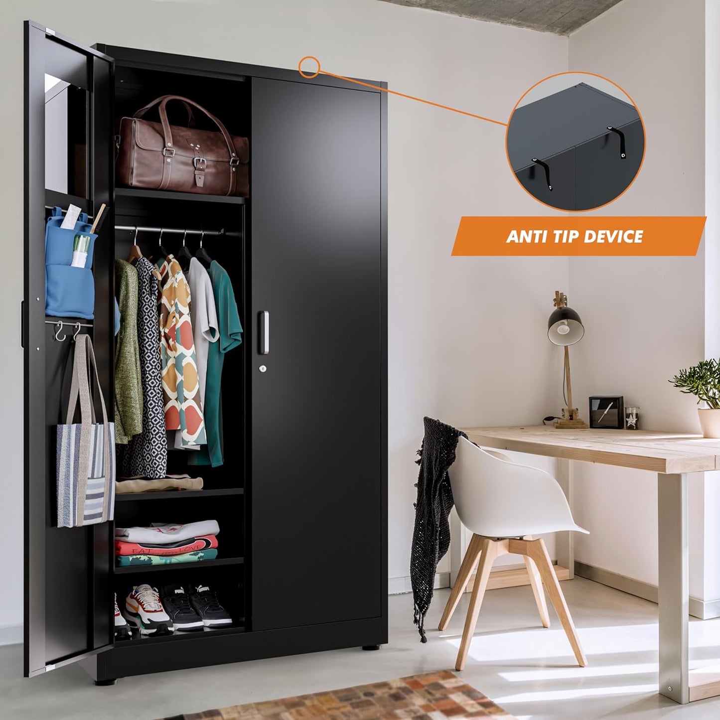 Wardrobe Metal Storage Cabinet - Metal Storage Locker with Locking Doors (Black)