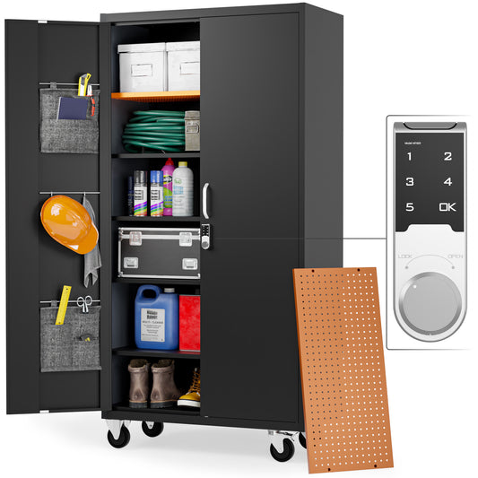 Extra-Spacious Metal Storage Cabinet with Wheels and Digital Lock - Garage Storage Cabinet | 72" Rolling Tool Storage Cabinet (Black)