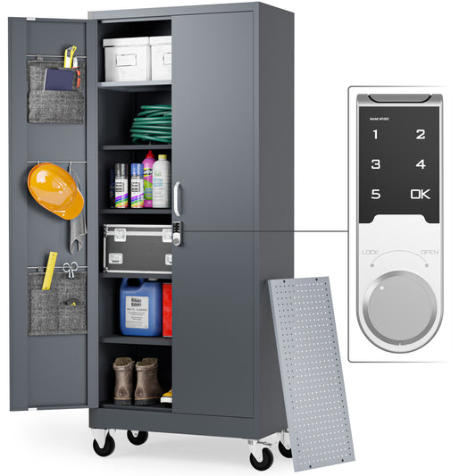 Gabinete de almacenamiento de metal con cerradura digital y ruedas - Gabinete de almacenamiento para garaje | Gabinete de almacenamiento de herramientas con ruedas de 72" (gris oscuro) 
