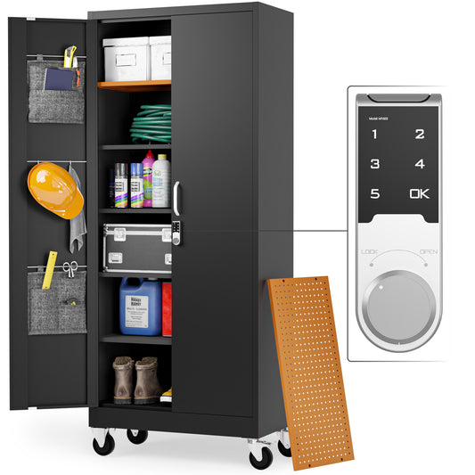 Gabinete de almacenamiento de metal con cerradura digital y ruedas - Gabinete de almacenamiento para garaje | Gabinete de almacenamiento de herramientas con ruedas de 72" (negro) 