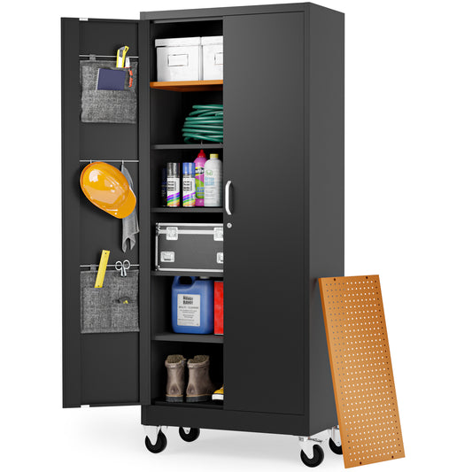 Metal Storage Cabinet with Wheels - Garage Storage Cabinet with Locking Doors | 72" Rolling Tool Storage Cabinet (Black)