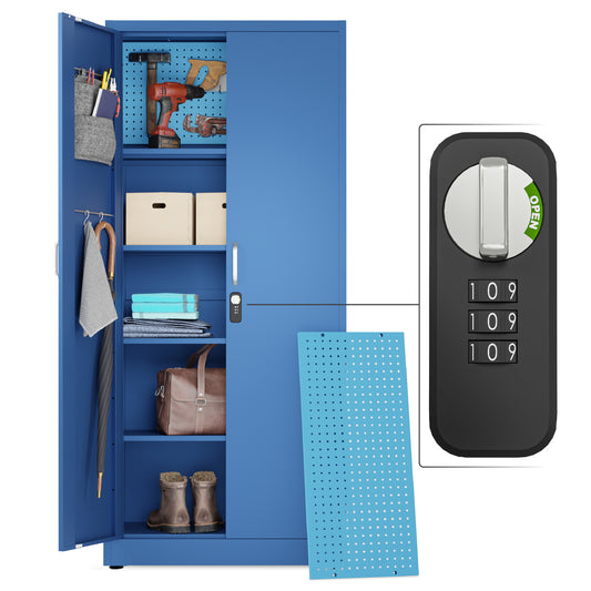 Gabinete de almacenamiento de metal con cerradura combinada | Gabinete de almacenamiento para garaje con puertas | Gabinete de herramientas con cerradura de 71" (azul) 