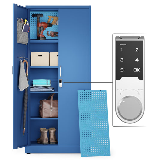 Gabinete de almacenamiento de metal con cerradura digital | Gabinete de almacenamiento para garaje con puertas | Gabinete de herramientas con cerradura de 71" (azul) 