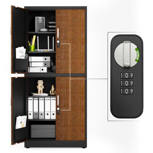 Metal Storage Cabinet with Combination Lock, 4 Doors and 4 Shelves (Black & Woodlike Doors)