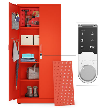Gabinete de almacenamiento de metal con cerradura digital | Gabinete de almacenamiento para garaje con puertas | Gabinete de herramientas con cerradura de 71" (rojo) 