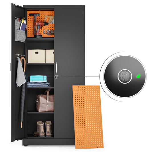 Fingerprint Locking Metal Storage Cabinet | Garage Storage Cabinet with Doors | 71" Lockable Tool Cabinet (Black)