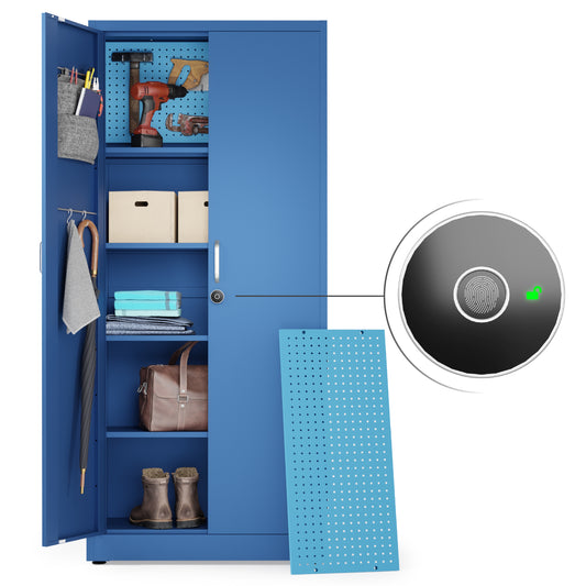 Fingerprint Locking Metal Storage Cabinet | Garage Storage Cabinet with Doors | 71" Lockable Tool Cabinet (Blue)