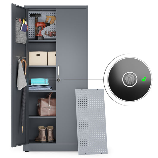 Fingerprint Locking Metal Storage Cabinet | Garage Storage Cabinet with Doors | 71" Lockable Tool Cabinet (Dark Gray)