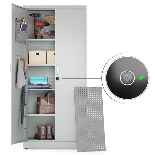 Fingerprint Locking Metal Storage Cabinet | Garage Storage Cabinet with Doors | 71" Lockable Tool Cabinet (Light Gray)