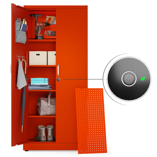 Fingerprint Locking Metal Storage Cabinet | Garage Storage Cabinet with Doors | 71" Lockable Tool Cabinet (Red)