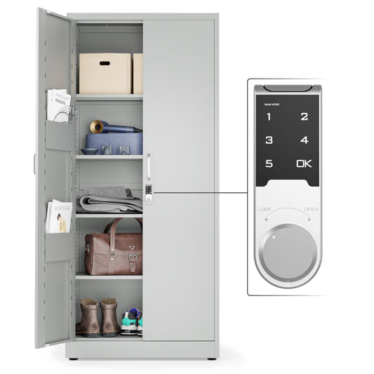 Office Metal Storage Cabinet with Digital Lock | 71" Lockable Utility Metal File Cabinet (Light Gray)