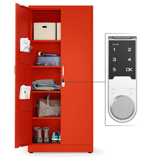 Office Metal Storage Cabinet with Digital Lock | 71" Lockable Utility Metal File Cabinet (Red)
