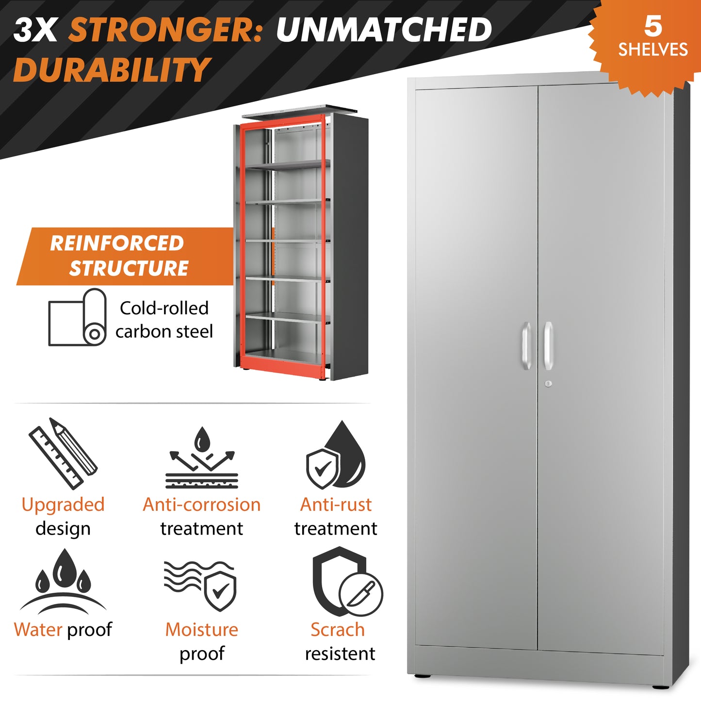 Locking Metal Storage Cabinet | Garage Storage Cabinet with Doors | 71" Lockable Tool Cabinet (Light Gray)