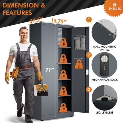 71" Combination Locking Metal Storage Cabinet (Dark Gray)