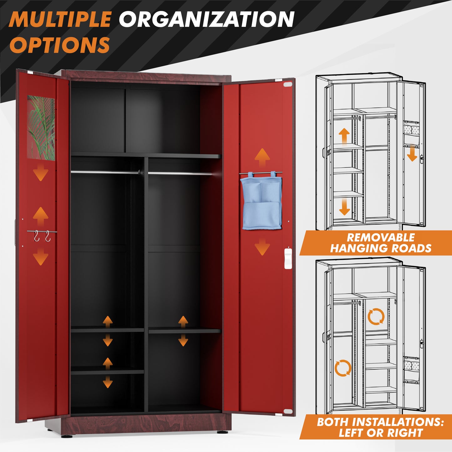 Wardrobe Metal Storage Cabinet - Metal Storage Locker with Locking Doors (Red Wood Grain)