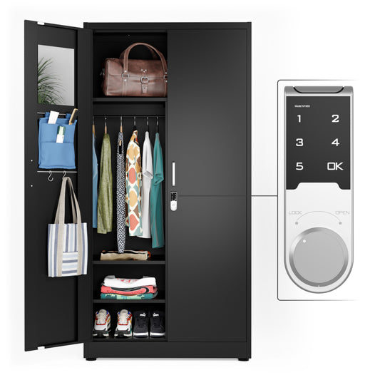Wardrobe Metal Storage Cabinet with Digital Lock - Metal Storage Locker with Locking Doors (Black)