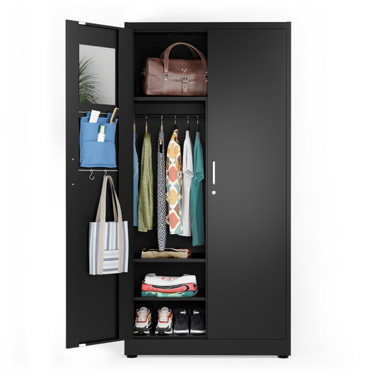Wardrobe Metal Storage Cabinet - Metal Storage Locker with Locking Doors (Black)