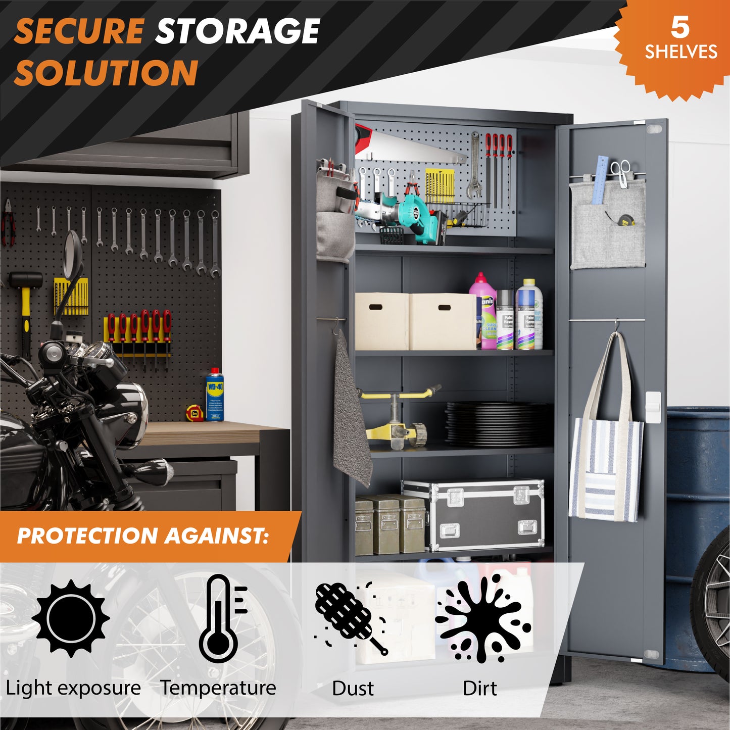 Locking Metal Storage Cabinet | Garage Storage Cabinet with Doors | 71" Lockable Tool Cabinet (Dark Gray)