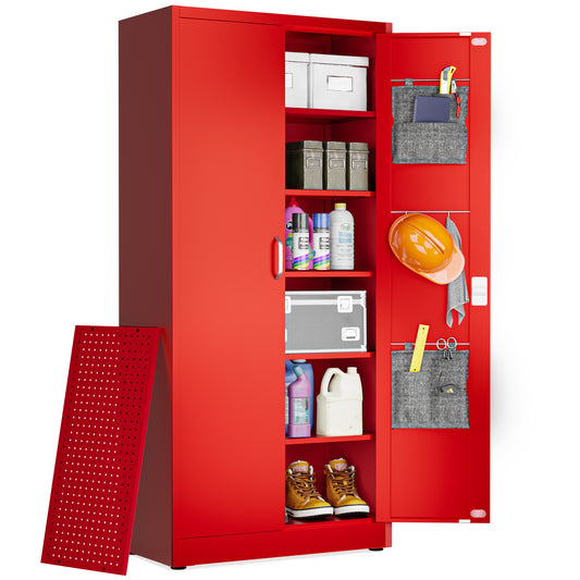 Locking Metal Storage Cabinet | Garage Storage Cabinet with Doors | 71" Lockable Tool Cabinet (Red)